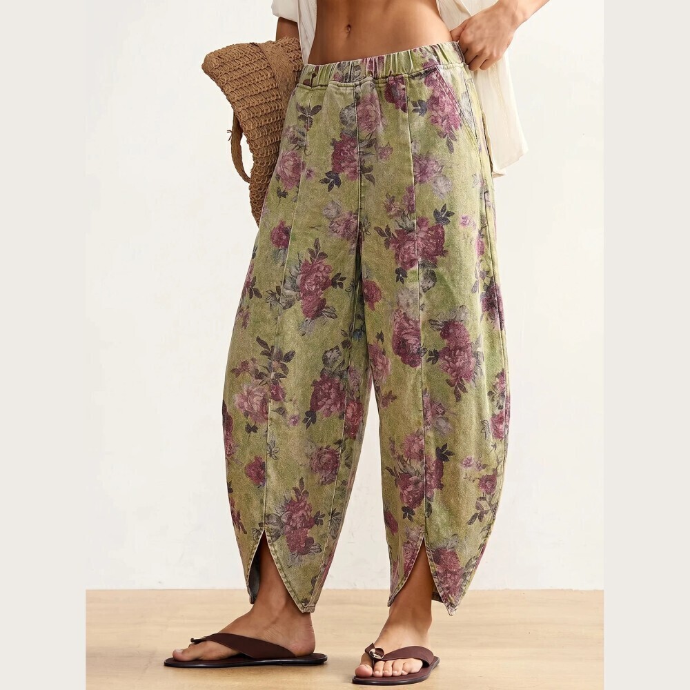 Green Floral Print Denim Petal Hem Cropped Harem Pants Jeans